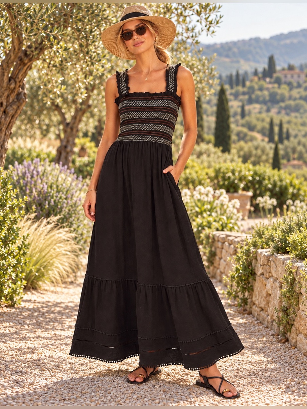 Nobody’s Child | Black Embroidered Fifi Cotton Maxi Dress | Size 6